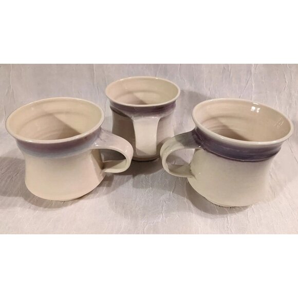 3 Art Pottery Mugs Signed Coffee Cup Handmade Studio Tea Purple White Stripe Set - Picture 16 of 16